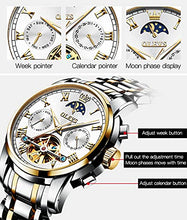 Load image into Gallery viewer, OLEVS White Men's Automatic Mechanical Watches Luxury Dress Waterproof Self Winding Moon Phase Chronograph Stainless Steel Luminous Date Tourbillon Wristwatch for Men