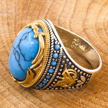 Load image into Gallery viewer, Solid 925 Sterling Silver Rings for Men Turkish Handmade Simulated Turquoise Luxury Design Premium Quality (9)