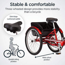 Load image into Gallery viewer, Schwinn Meridian Deluxe Adult Tricycle Bike, Three Wheel Cruiser, 26-Inch Wheels, Low Step-Through Aluminum Frame, Adjustable Handlebars, Large Cruiser Seat, Rear Folding Basket, 3-Speed, Red