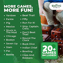 Load image into Gallery viewer, SWOOC Games - Yardzee, Farkle & 20+ Games - Giant Yard Dice Set (All Weather) with Wooden Bucket, 5 Big Laminated Score Cards, and Dry Erase Marker - Jumbo Backyard Lawn Games