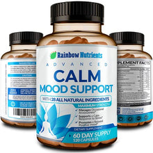 Load image into Gallery viewer, 28 in 1 Calm Mood Support Supplement- Natural Happy Pills for Occasional Anxiousness & Stress, Worry feelings, Relaxation, Mental Clarity | Max Dopamine Mood Boost for Women & Men | 120 Vegan Capsules