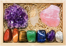 Load image into Gallery viewer, Crystalya Premium Grade Crystals and Healing Stones in Wooden Display Box - 7 Tumbled Chakra Gemstones, Amethyst Crystal, Rose Quartz, Quartz Crystal Point + Guide & Instructions - Gift Kit