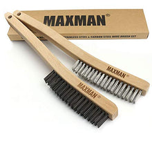 Load image into Gallery viewer, Wire Brush Set,Heavy Duty Carbon Steel and Stainless Steel Wire Scratch Brush for Cleaning Rust with 14" Long Curved Beechwood Handle,2 Pieces,Large