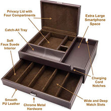 Load image into Gallery viewer, HOUNDSBAY Admiral Big Dresser Valet Box & Mens Jewelry Box Organizer with Large Smartphone Charging Station (Dark Brown)