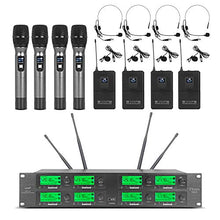 Load image into Gallery viewer, Wireless Microphone System Frequency A 8 Channel Microphone UHF 4 Handheld Mic 4 Headset 4 Lavalier Bodypack 4 Lapel Mic Karaoke System Church Speaking Conference Wedding Party Ktv