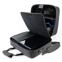 Load image into Gallery viewer, USA GEAR Console Carrying Case - Xbox Travel Bag Compatible with Xbox One and Xbox 360 with Water Resistant Exterior and Accessory Storage for Xbox Controllers, Cables, Gaming Headsets - Black