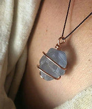 Load image into Gallery viewer, Celestite Necklace! 19" Celestite Spiral Wrapped Copper Jewelry! Rare Crystal Pendant on an 18" inch Natural Silk Chain. Ocean Blue Madagascar Celestite AKA Celestine. Metaphysical Crystal Jewelry.