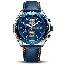 Load image into Gallery viewer, MEGIR Men Business Analogue Quartz Watch with Fashion Blue Leather Strap Chronograph Luminous Auto Calendar for Sport & Work 2074 Blue