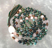 Load image into Gallery viewer, Energized Natural 108 Moss Agate Mala Beads Necklace, 8 mm Bracelet, Dark Green Moss Agate, Mala Bead, Stretch Bracelet, Heart Chakra, Hand Knotted Wrap Mala (Knotted Moss Agate & Rose Quartz Mala)