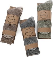 Load image into Gallery viewer, FUN TOES Men's Hiking Crew Merino Wool Socks 6 Pairs Lightweight, Reinforced Size 8-12 (2 Black, 2 Blue, 2 Brown)