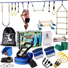 Load image into Gallery viewer, Sportivikids Ninja Warrior Obstacle Course for Kids Outside with Swing Set - 50' Ninja Slackline Hanging Activities Accessories, Monkey Bars & Ladder for Girls & Boys for Backyard - Outdoor Playsets