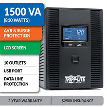Load image into Gallery viewer, Tripp Lite OMNI1500LCDT 1500VA UPS Battery Back Up AVR LCD Display 10 Outlets 120V 810W Tel & Coax Protection USB, 3 Year Warranty & $250,000 Insurance, Black