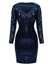 Load image into Gallery viewer, Mixfeer Women Sexy Bodycon Dress V Neck Long Sleeve Sequin Cocktail Party Club Evening Mini Dress Blue