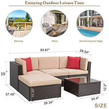 Load image into Gallery viewer, Vongrasig 5 Piece Patio Furniture Sets, All-Weather Brown PE Wicker Outdoor Couch Sectional Patio Set, Small Patio Conversation Set Garden Patio Sofa Set w/Ottoman, Glass Table, Red Pillow, Beige