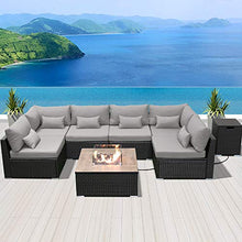 Load image into Gallery viewer, DINELI Patio Furniture Sectional Sofa with Gas Fire Pit Table Outdoor Patio Furniture Sets Propane Fire Pit (Light Gray-Square Table)