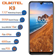 Load image into Gallery viewer, OUKITEL K9 Unlocked Cell Phones 7.12" FHD+ Water Drop Screen 4GB RAM+64GB ROM,16MP+8MP Dual Camera, 6000mAh Battery 4G Android 9.0 Unlocked Smartphones, Dual SIM Smartphone Support OTG(Black)