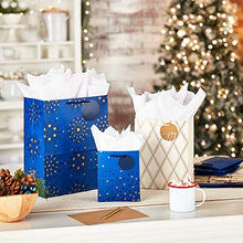 Load image into Gallery viewer, Hallmark Holiday Gift Bags Assorted Sizes (8 Bags: 3 Small 6", 3 Medium 9", 2 Large 13") Navy Blue and Gold Dots, Diamonds and Starry Snowflakes for Christmas, Hanukkah, Weddings, Graduations and More