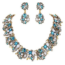 Load image into Gallery viewer, BriLove Statement Necklace Earrings Set for Women Tribal Ethnic Crystal Mix-Shape Cluster Statement Necklace Dangle Earrings Jewelry Set Aquamarine Color Antique-Gold-Toned