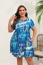 Load image into Gallery viewer, HBEYYTO Summer Dress for Curvy Women 2023 Trendy Plus Size Casual Floral Tiedye Printed Short Sleeve T Shirt Dress with Pockets Blue
