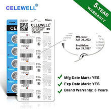 Load image into Gallery viewer, CELEWELL 10 Pack CR2032 Battery CR2032H 230mAh 3 Volt Lithium Battery 2032 ECR2032 Coin Button Cell -Not for Thermometer 【5-Year Warranty】