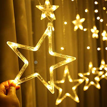 Load image into Gallery viewer, Quntis LED 12 Stars Curtain Lights - 138 LEDs Window Icicle Christmas Lights 8 Modes Decorative Backdrop Fairy String Lights for Outdoor Indoor Home Bedroom Wedding Party Holiday Wall, Warm White