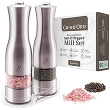 Load image into Gallery viewer, Grind'Oro Electric Salt and Pepper Grinder Set (2 Mills) Battery Operated, Stainless Steel with Light - One Touch Automatic Salt Grinder Mill Adjustable Coarseness, Franluca's Kitchen Power Shaker Set