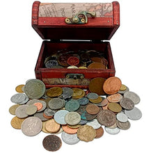 Load image into Gallery viewer, Coin Collection - World Currency Set - Treasure Chest with 1Lb. - Collectible Antique Coins - 4.7 x 3.5 x 3.5 Decorative Wooden Box - Old Foreign Currency (COA Included)