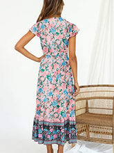 Load image into Gallery viewer, TEMOFON Women's Wrap Dresses Bohemian Floral Printed Summer Casual Short Sleeve V-Neck High Split Maxi Dress Wine Red S
