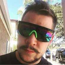 Load image into Gallery viewer, Large Wrap Around Rainbow Mirrored Semi Rimless Flat Top Shield Goggles Sunglasses (Black Green Frame | Rainbow Mirror)