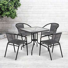 Load image into Gallery viewer, Flash Furniture 28'' Square Glass Metal Table with Gray Rattan Edging and 4 Gray Rattan Stack Chairs