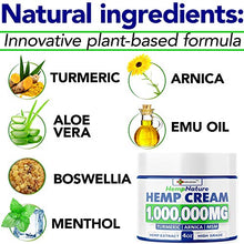 Load image into Gallery viewer, Natural Hemp Cream - 1,000,000 - Fast Relief - Muscle, Joint, Foot & Back with Hemp, Arnica, Turmeric | Natural Hemp Oil Extract Gel - Made in USA - 4oz