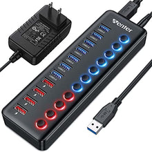 Load image into Gallery viewer, Powered USB 3.0 Hub, Wenter 11-Port USB Data Hub Splitter with 4 Smart Charging Ports and Individual LED On/Off Switches and 12V/3A Power Adapter USB Extension for Mac,Windows,Chrome & Linux OS