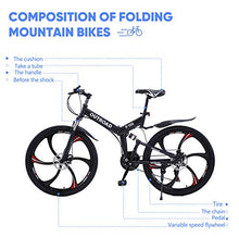 Load image into Gallery viewer, PanAme 26 Inch Folding Bike, Mountain Bike with 6 Spoke Wheels and 21 Speed Shimano Shifter, Full Suspension Anti-Slip Bicycle for Adult, Black