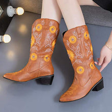Load image into Gallery viewer, Padaleks Women's Wide Calf Knee High Pull On Fall & Winter Boots Low Heels Retro Pointed Toe Embroidered Short Bootie Work Boot