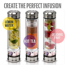 Load image into Gallery viewer, Phoenix Crystal Water bottle, a Loose Leaf Tea Infuser Bottle, double wall glass for hot and cold drinks. Natural Large Rose Quartz Crystal and Amethyst Stone. Eco-friendly & relaxing gifts for women