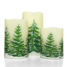 Load image into Gallery viewer, Rocinha Christmas Flameless Candles with Timer Battery Operated Flickering Candles Set of 3 Real Wax Christmas Pillar Candles with Christmas Tree Printing