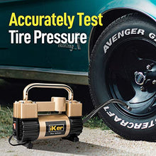 Load image into Gallery viewer, iKer Portable Air Compressor Pump Heavy Duty Tire Inflator for Car,Truck,SUV Tires,12V 70L/Min Double Cylinders Metal Air Pump 150PSI with Battery Clamp,11.5ft Extension Air Hose and Tire Repair Kit