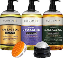 Load image into Gallery viewer, Cellulite, Sore Muscle & Lavender Relaxation Massage Oils with Roller Massage Ball and Massager Mitt- Perfect Spa Gift Set