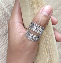 Load image into Gallery viewer, Sterling Silver Ethnic Boho Wide Band Ring, Handmade Tribal Gypsy Adjustable wrap around ring With Geometric Engraving, fit as Thumb Ring, Gift for Her