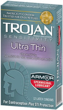 Load image into Gallery viewer, Trojan Condom Sensitivity Ultra Thin Spermicidal, 12 Count (Packaging May Vary)