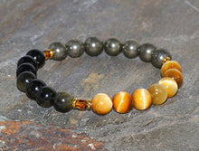 Load image into Gallery viewer, 8mm Gold Obsidian, Yellow Tiger Eye and Pyrite Bracelet, The Money Maker Bracelet Jewelry, Healing Crystals, Abundance + Wealth + Success