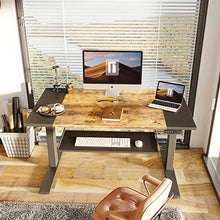 Load image into Gallery viewer, FEZIBO Dual Motor Height Adjustable Electric Standing Desk, 48 x 24 Inches Full Sit Stand Home Office Table with Splice Board, White Frame/Black and Rustic Brown Top