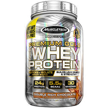 Load image into Gallery viewer, MuscleTech Premium Gold 100% Whey Protein Powder, Whey Protein Isolate & Peptides Shake for Men and Women, 24 Grams of Protein, 5.5g BCAAs, Easy to Mix, Double Rich Chocolate, 2.2 Pounds (30 Servings)