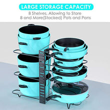 Load image into Gallery viewer, Pan Organizer Rack for Cabinet, Pot and Pan Organizer for Cabinet with 3 DIY Methods, Adjustable Pan Pot Rack with 8 Tiers, Heavy Duty Pot Organizer Deep U-shaped Design with Obstructed Slip Layer