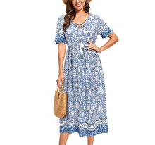 Load image into Gallery viewer, Arach&Cloz Women's Boho Tie Neck Printed Short Sleeve Floral Summer Loose Tassels Casual Midi Dress with Pockets (Floral02,XL)