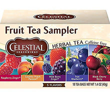 Load image into Gallery viewer, Celestial Seasonings Herbal Tea, Fruit Tea Sampler, Raspberry Zinger, Country Peach Passion, Wild Berry, True Blueberry & Black Cherry Berry, Caffeine Free, 18 Tea Bags (Pack of 6)