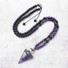 Load image into Gallery viewer, Top Plaza Natural Stone Healing Crystal Amethyst Triangle Pointed Gemstone Pendant Necklace Crescent Moon Jewelry Adjustable Lava Rock Beads Necklaces for Women Men