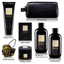 Load image into Gallery viewer, YARD HOUSE Bath and Body Spa Gifts Baskets Set for Men - Sandalwood & Amber – 7Pcs Men’s Spa Kit with Body wash, Bubble bath, Bath Salt, Body Lotion, Body Scrub, Loofah and Leather Toiletry Bag
