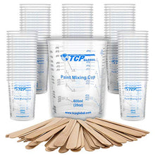 Load image into Gallery viewer, TCP Global 20 Ounce (600ml) Disposable Flexible Clear Graduated Plastic Mixing Cups - Box of 100 Cups & 50 Mixing Sticks - Use for Paint, Resin, Epoxy, Art, Kitchen - Measuring Ratios 2-1, 3-1, 4-1 ML