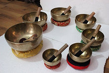 Load image into Gallery viewer, Chakra Healing Tibetan Singing Bowls Set of 7 pieces ~ Hand Hammered Himalayan Meditation Bowls ~ 5"-10" ~ included 7 Mallets, 7 cushions & 1 drum stick. Handmade in Nepal by Thamelmart